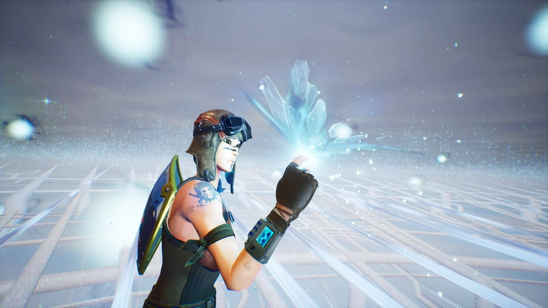 《Fortnite》Renegade Raider 持「深淵之心」 壁紙 — 一個身穿盔甲的未來戰士，在星形網格天空下透過手掌釋放出發光的藍色能量。
