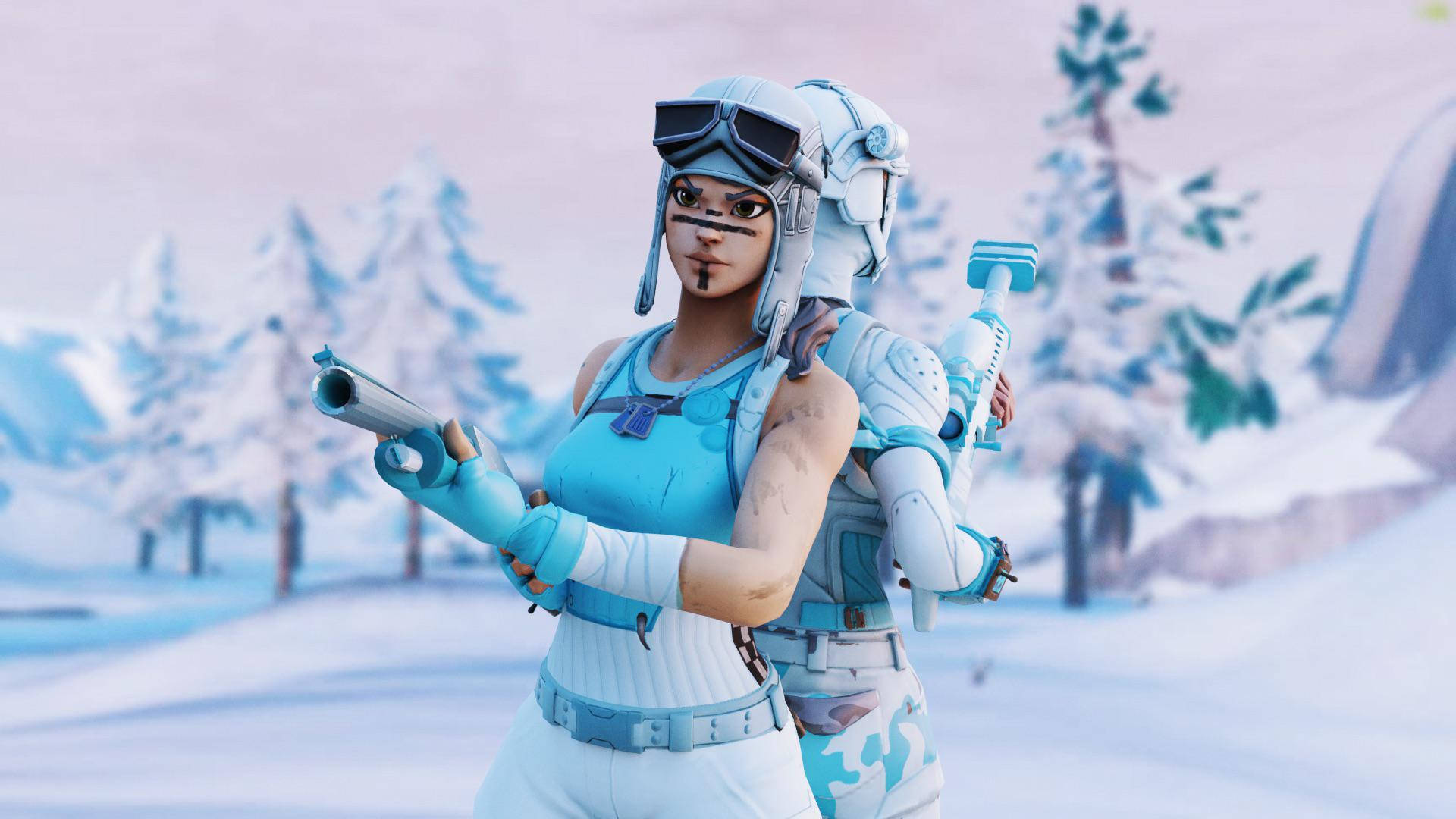 《Fortnite》Renegade Raider 霜凍諾格特裝 壁紙 — 一個穿著冬季裝備的女性Fortnite角色，在雪松林背景下手持手槍和霰彈槍。