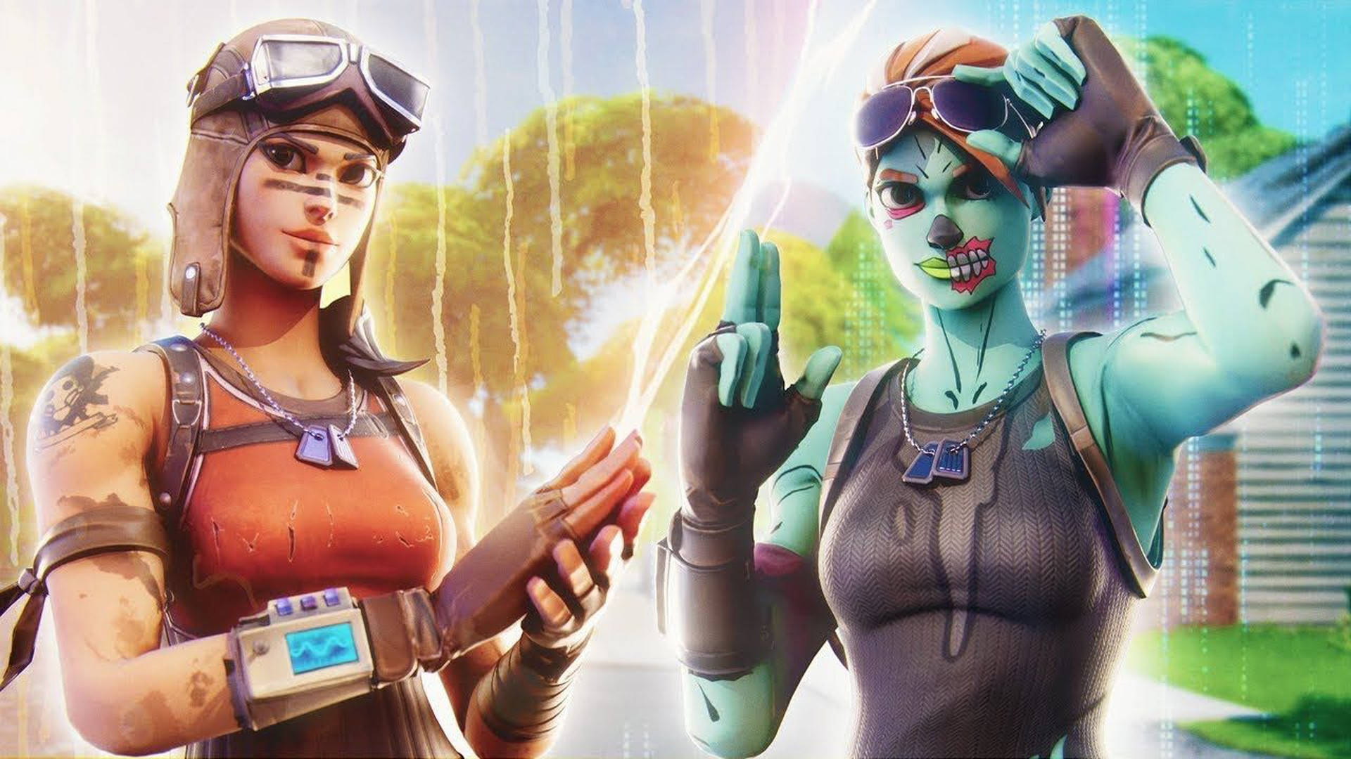 《Fortnite》Renegade Raider 暗襲飛行員皮膚 壁紙 — 兩個Fortnite角色在充滿活力的數碼叢林背景下散發能量光芒。