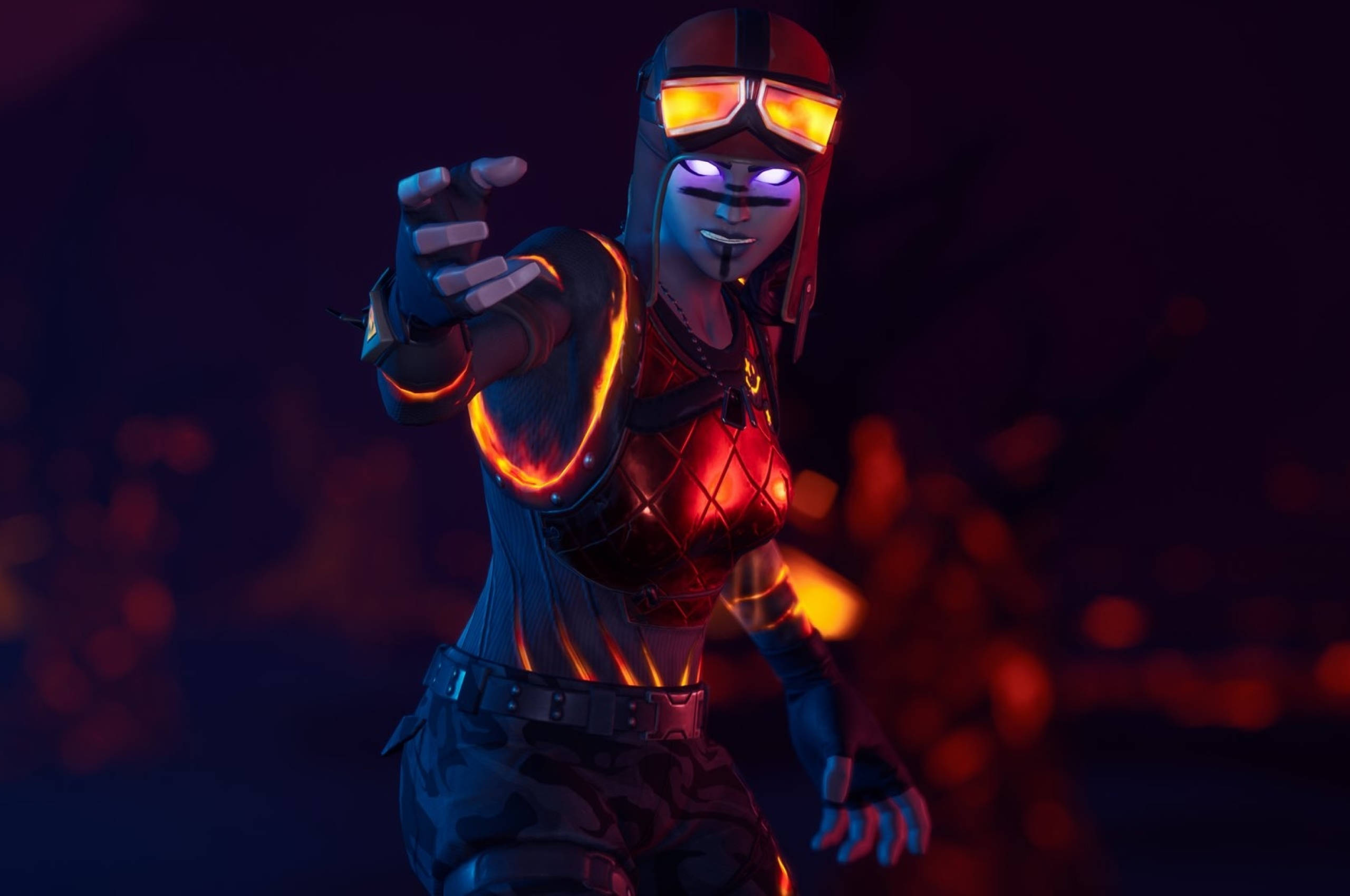 《Fortnite》Renegade Raider 黑暗之境 壁紙 — 一個發光的霓虹燈女性角色，身穿未來裝備，在黑暗模糊的背景中向前指。