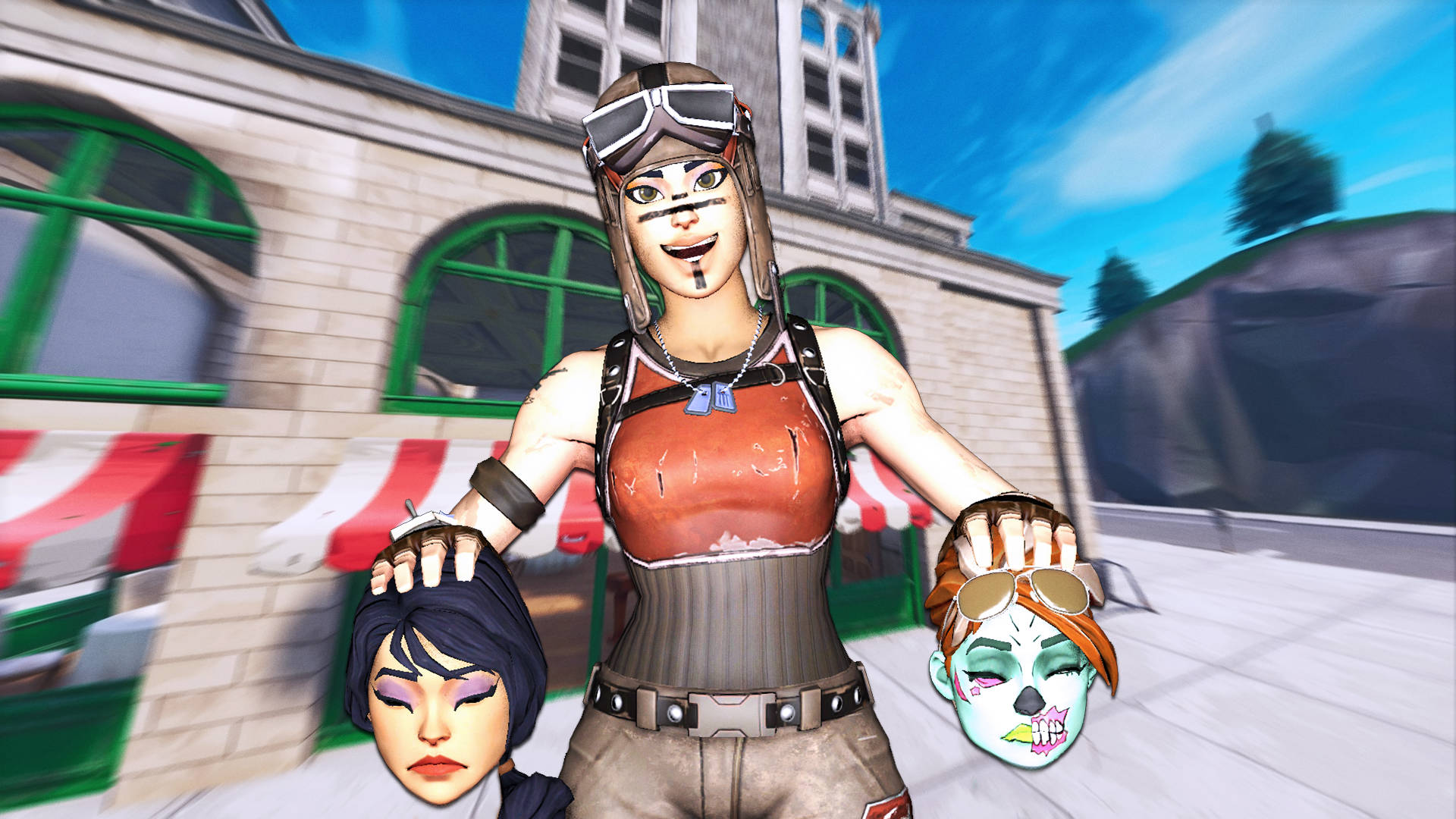 《Fortnite》Renegade Raider 面具 壁紙 — 一個風格化的電子遊戲角色在城鎮中手持兩個斷頭，一個有深色頭髮，另一個是戴護目鏡的骷髏。