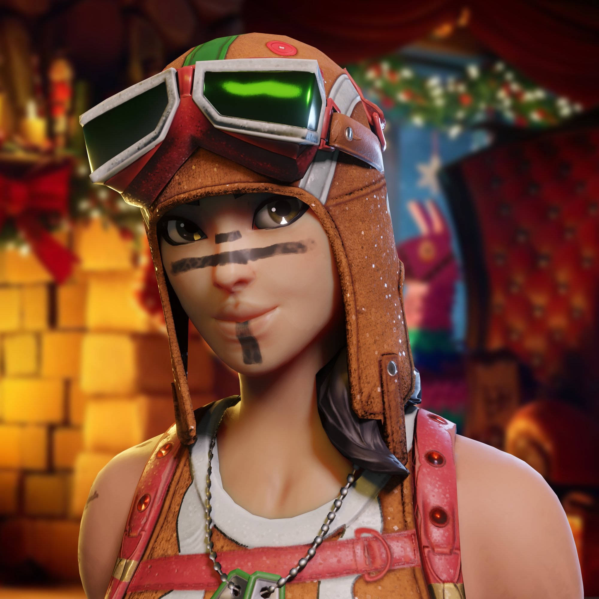 《Fortnite》Renegade Raider 冬季節限定 壁紙 — 一個Fortnite角色戴著節日飛行員頭盔和發光綠色護目鏡，在節日主題背景下溫暖地微笑。