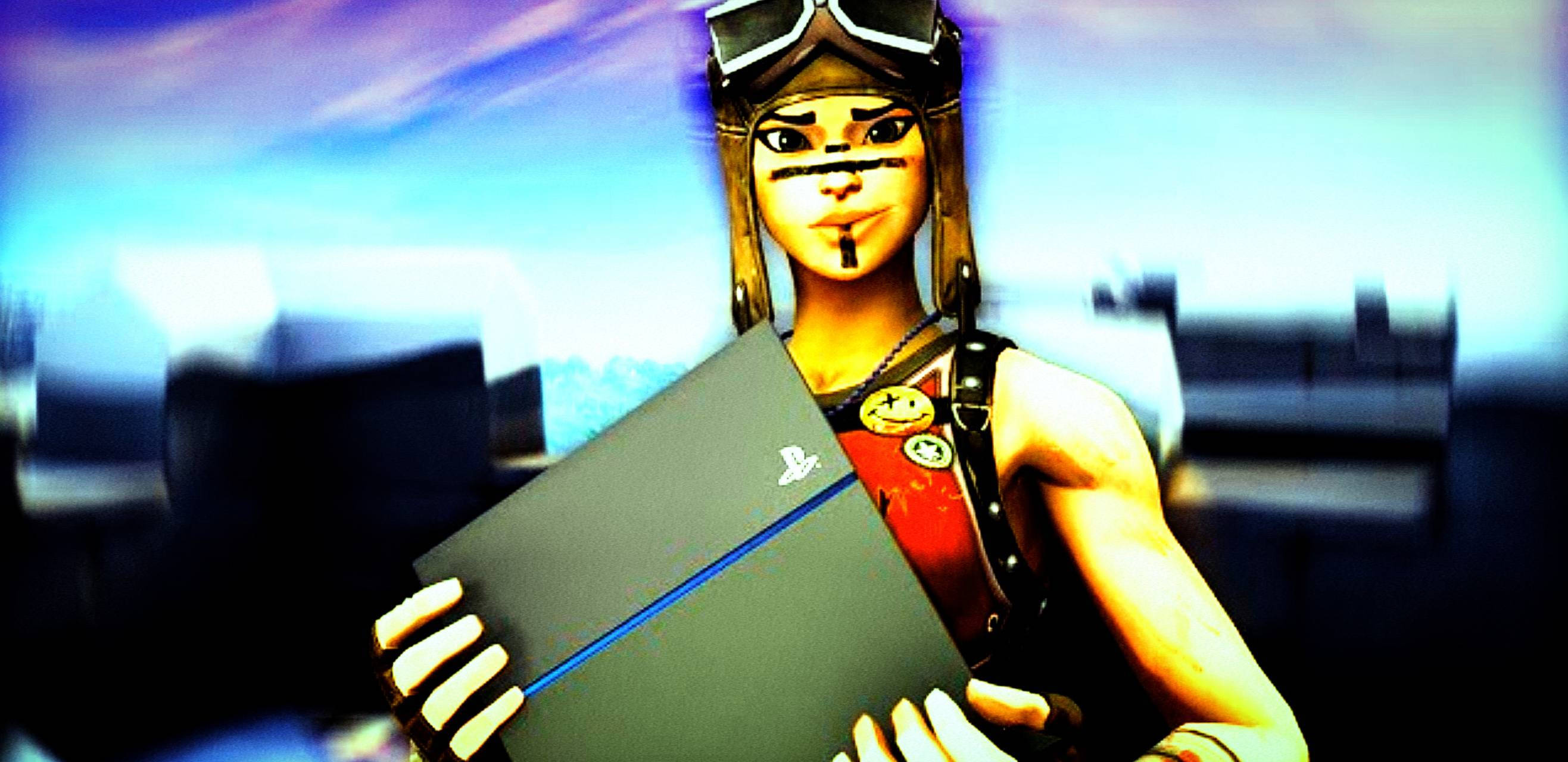 《Fortnite》Renegade Raider 持 PlayStation 壁紙 — 一個戴著護目鏡和部落標記的風格化動漫角色，在模糊的未來背景前手持PlayStation主機。