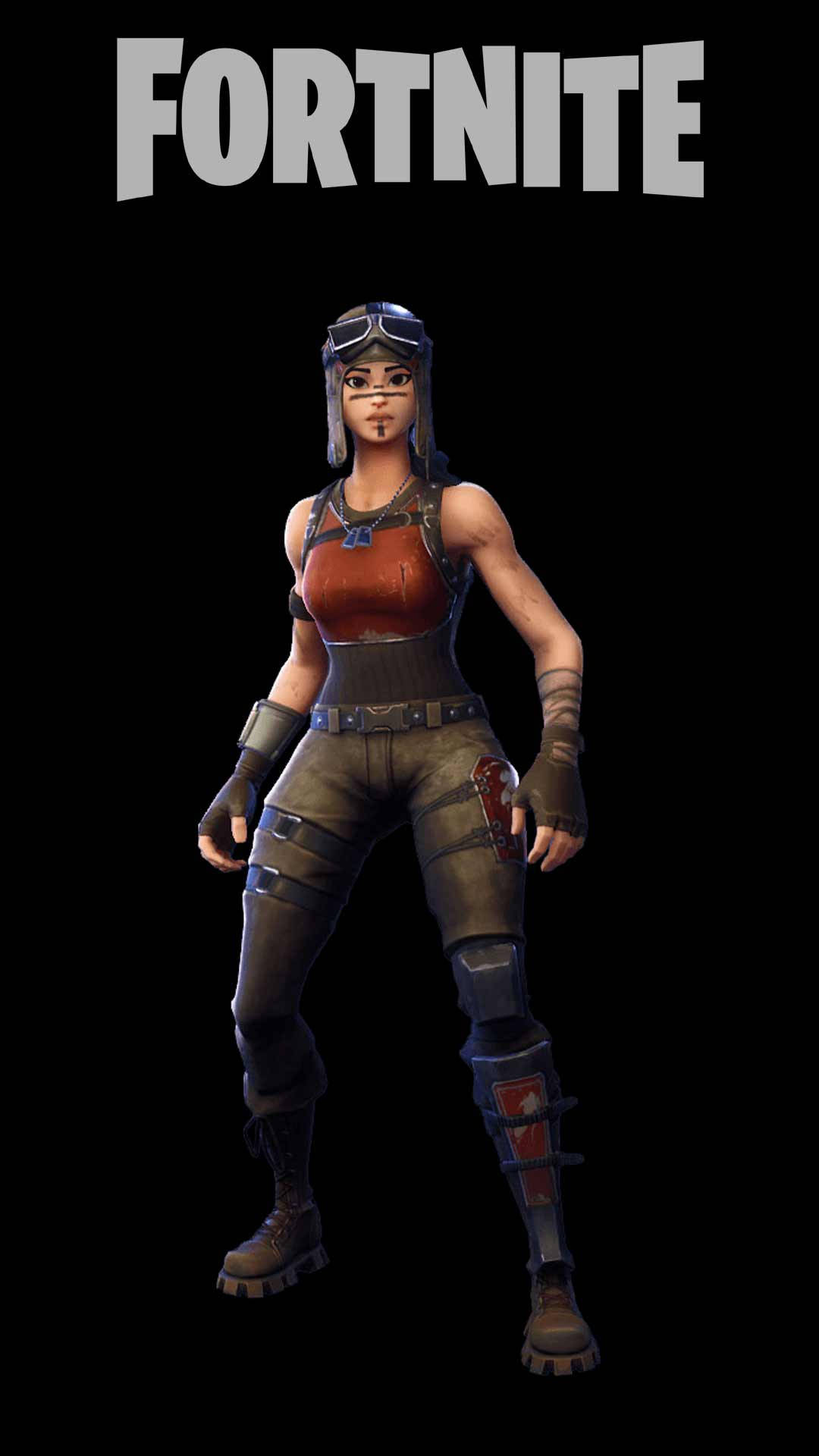 《Fortnite》Renegade Raider：戰士風采 壁紙 — 一個穿著堅固飛行員裝備的Fortnite角色自信地站在黑色背景前，上方有遊戲標誌。