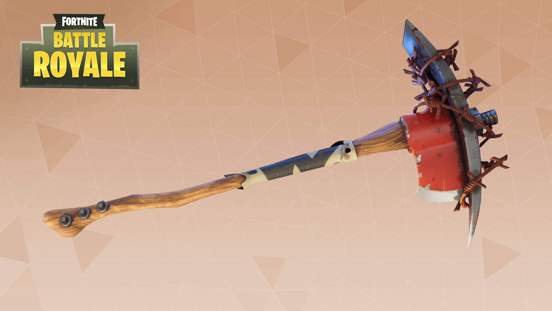 《Fortnite》Renegade Raider 的採礦錘 壁紙 — 一把來自《Fortnite Battle Royale》的戰斧，木製手柄，紅色刀刃纏繞著鐵絲網，背景為幾何圖案。