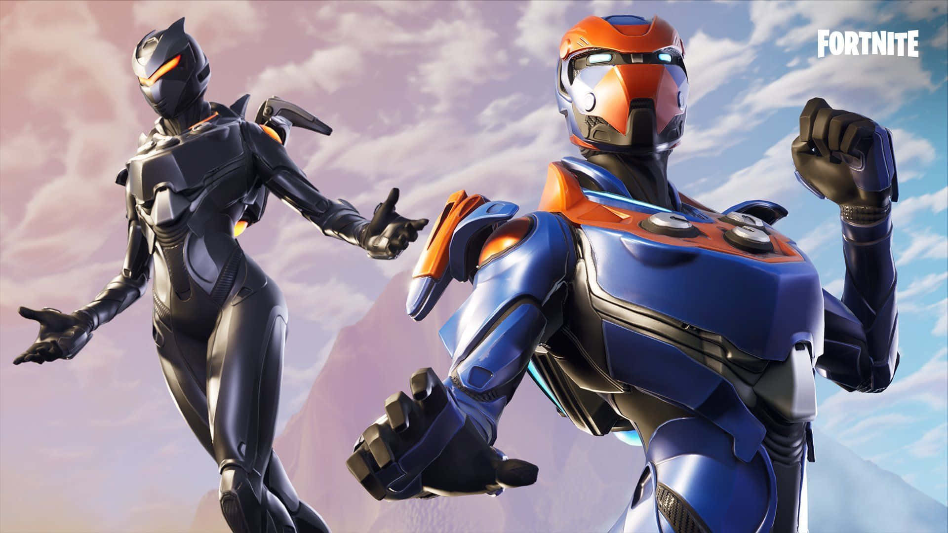 可愛的《Fortnite》筆電鎖定畫面 壁紙 — 兩個身穿未來盔甲的 Fortnite 角色在柔和粉彩天空和遠山背景下動態擺姿勢。