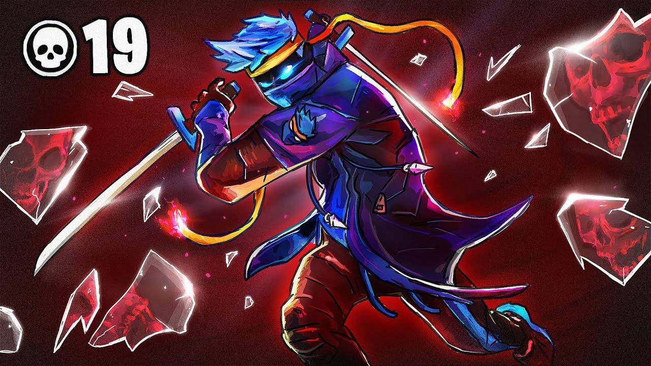 忍者《Fortnite》紅骷髏 壁紙 — 藍髮動漫戰士身穿紫色盔甲，在深紅色背景中，用發光的劍劈開破碎的紅色頭骨水晶。
