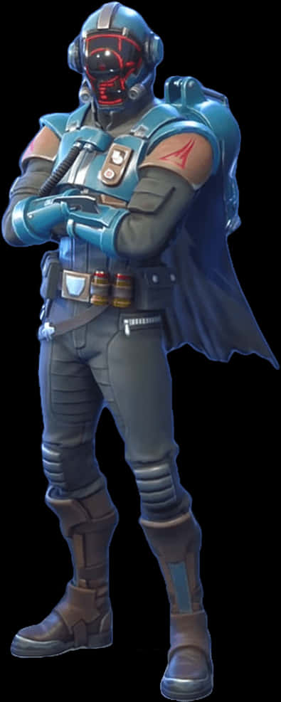 Fortnite 紅色護目鏡角色 壁紙 — 一名身穿藍色盔甲、配備紅色發光面罩的未來戰士，自信地交叉雙臂站在黑色背景前。