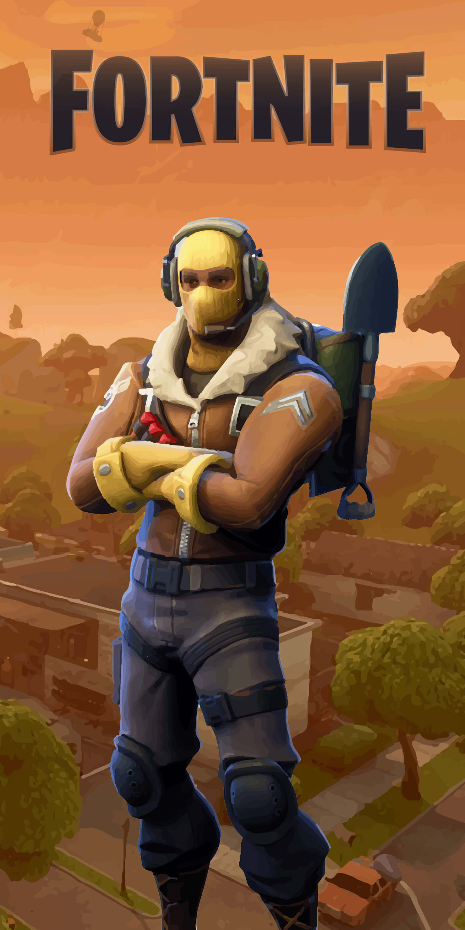 以這位經典《Fortnite》角色在大逃殺中求生 壁紙 — 一個戴著黃色面具和藍色裝備的Fortnite角色，在溫暖的日落背景下自信地交叉雙臂站立。