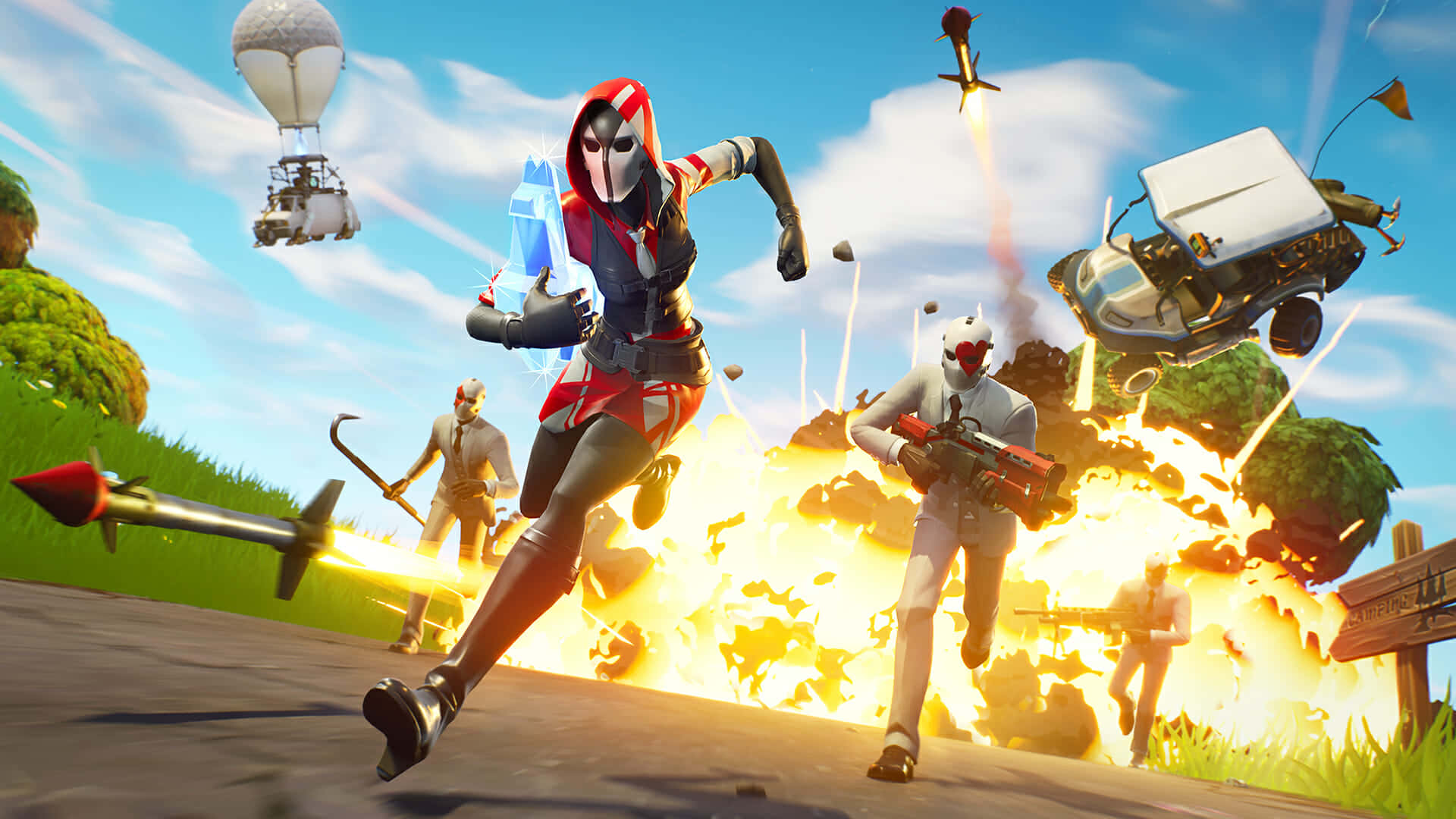 在《Fortnite》中舞動，忘掉煩惱！ 壁紙 — 一個紅黑色的Fortnite角色在明亮陽光明媚的風景中，與其他玩家和飛行車輛一起穿過火熱的爆炸。