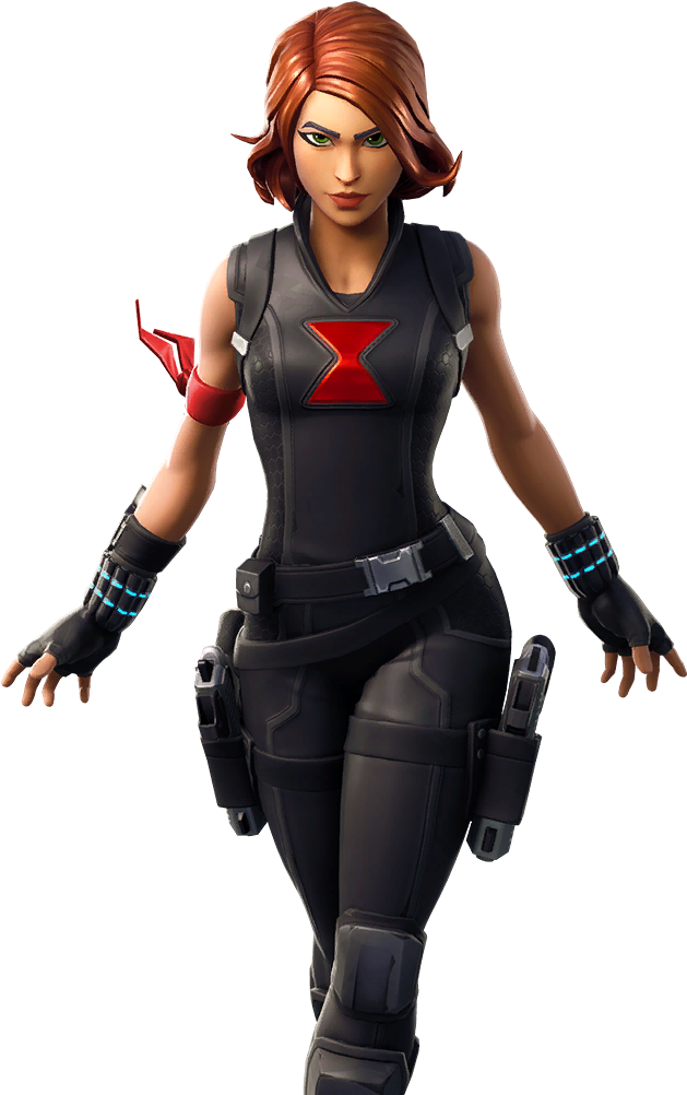 黑寡婦《Fortnite》皮膚 壁紙 — 一位兇猛的女特工身穿黑色戰術裝備，帶有紅色點綴和發光的藍色手腕技術，在黑暗背景下向前邁進。