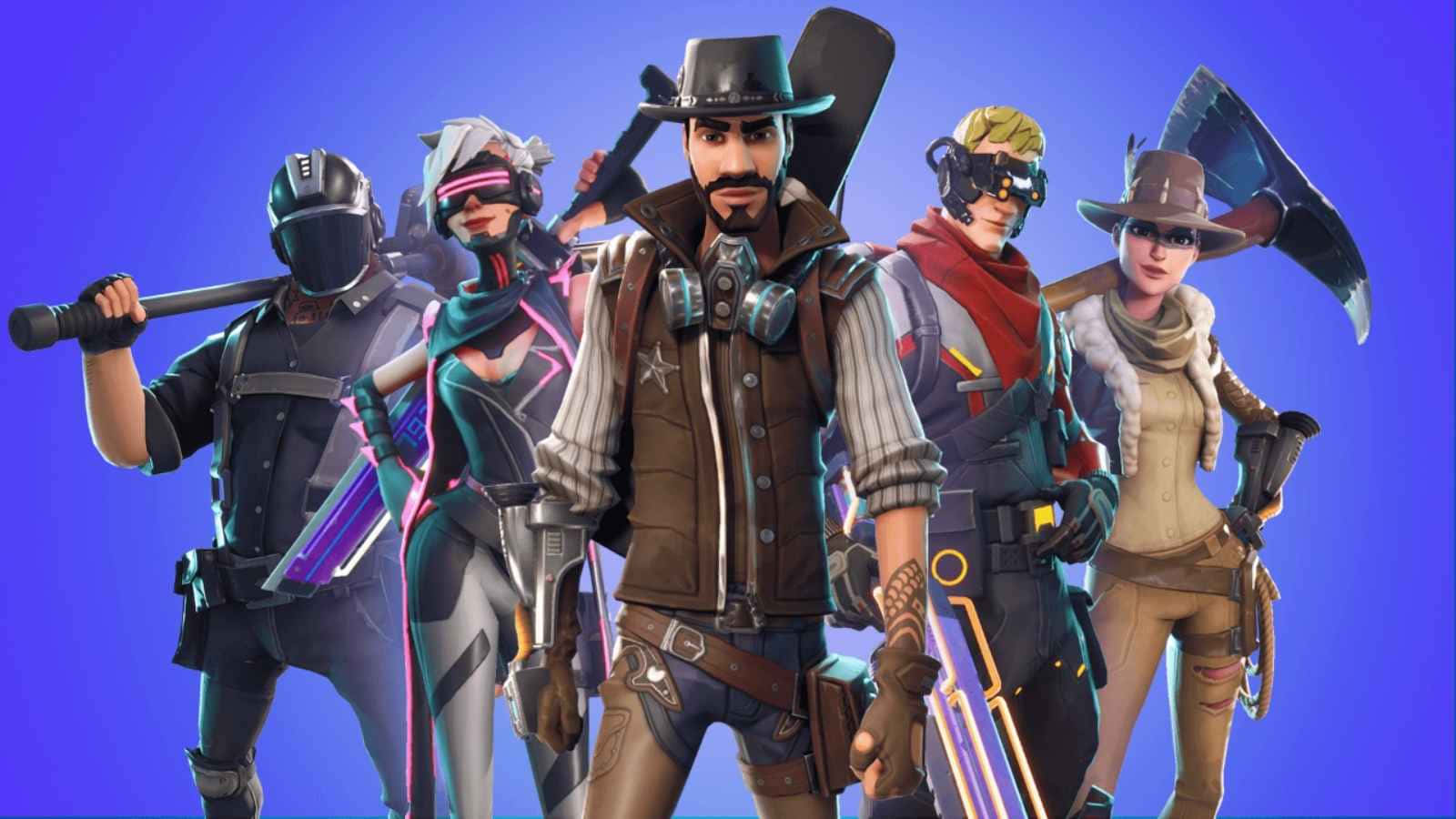在《Fortnite 第三章第一季》中壓倒競爭對手 壁紙 — 五個身穿色彩繽紛服裝和裝備的《要塞英雄》角色，自信地站在純藍色背景前。