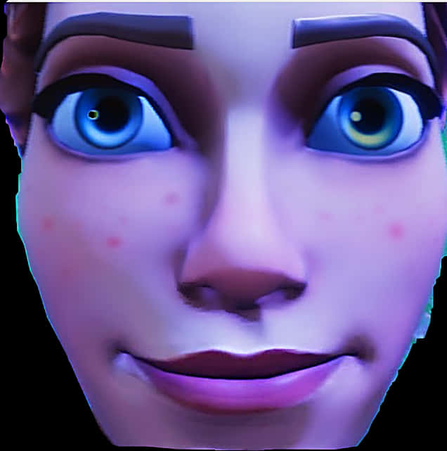 Fortnite 預設角色特寫 壁紙 — 特寫一個風格化的3D渲染女性面孔，帶有發光的藍色眼睛和柔和的紫色燈光，背景為黑色。