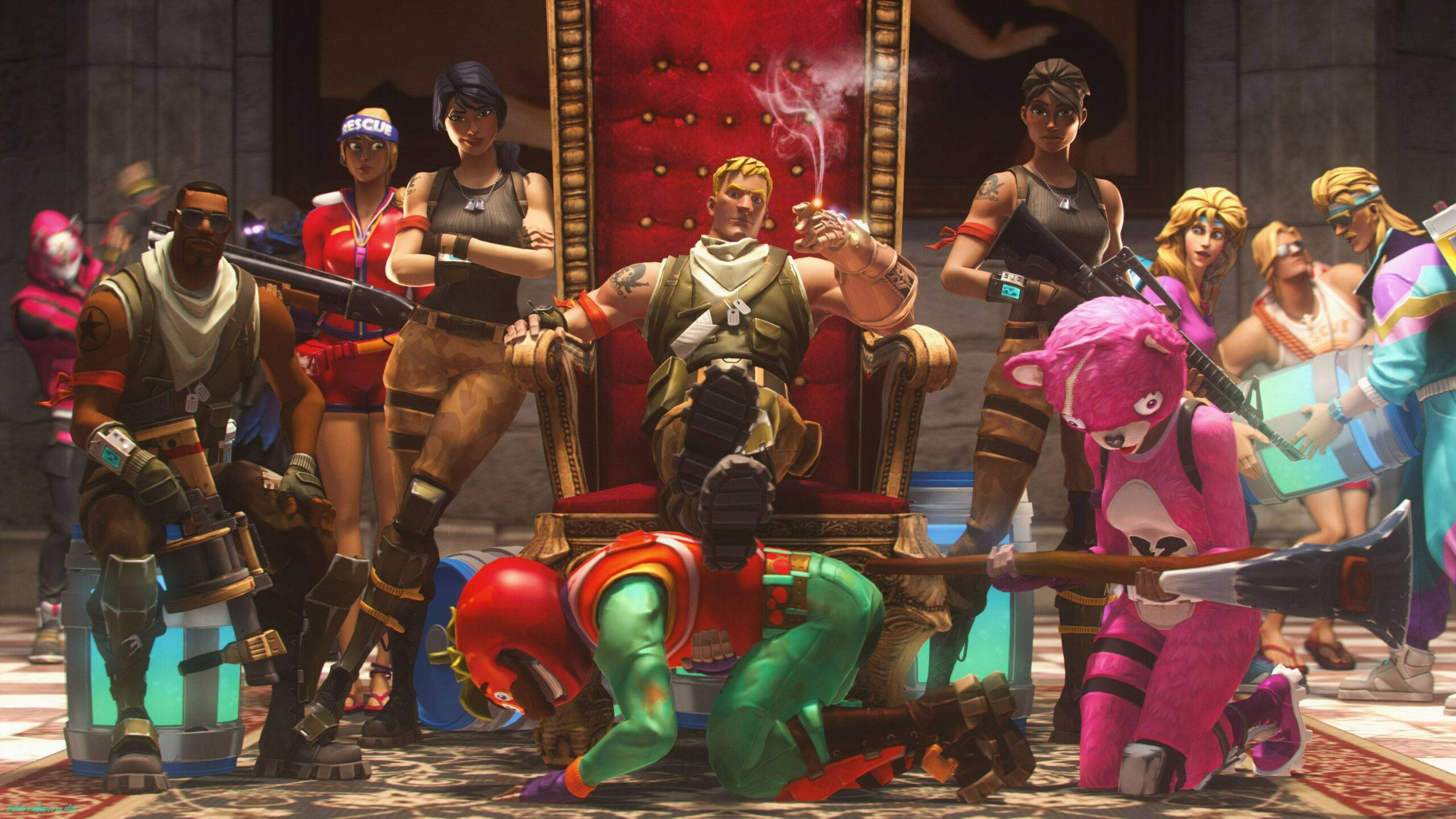 王座旁的《Fortnite》經典皮膚 壁紙 — 一群色彩繽紛的電子遊戲角色在寶座室中，其中一個角色在吸煙，而其他角色則站在或跪在他周圍。