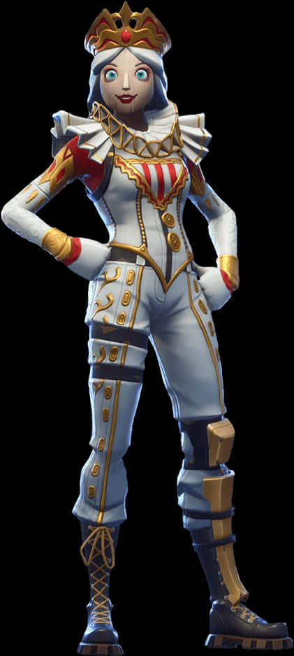 《Fortnite》胡桃夾子主題角色 壁紙 — 一個風格化的女王角色，身穿白金色和紅色盔甲，頭戴王冠，自信地站在黑色背景前。