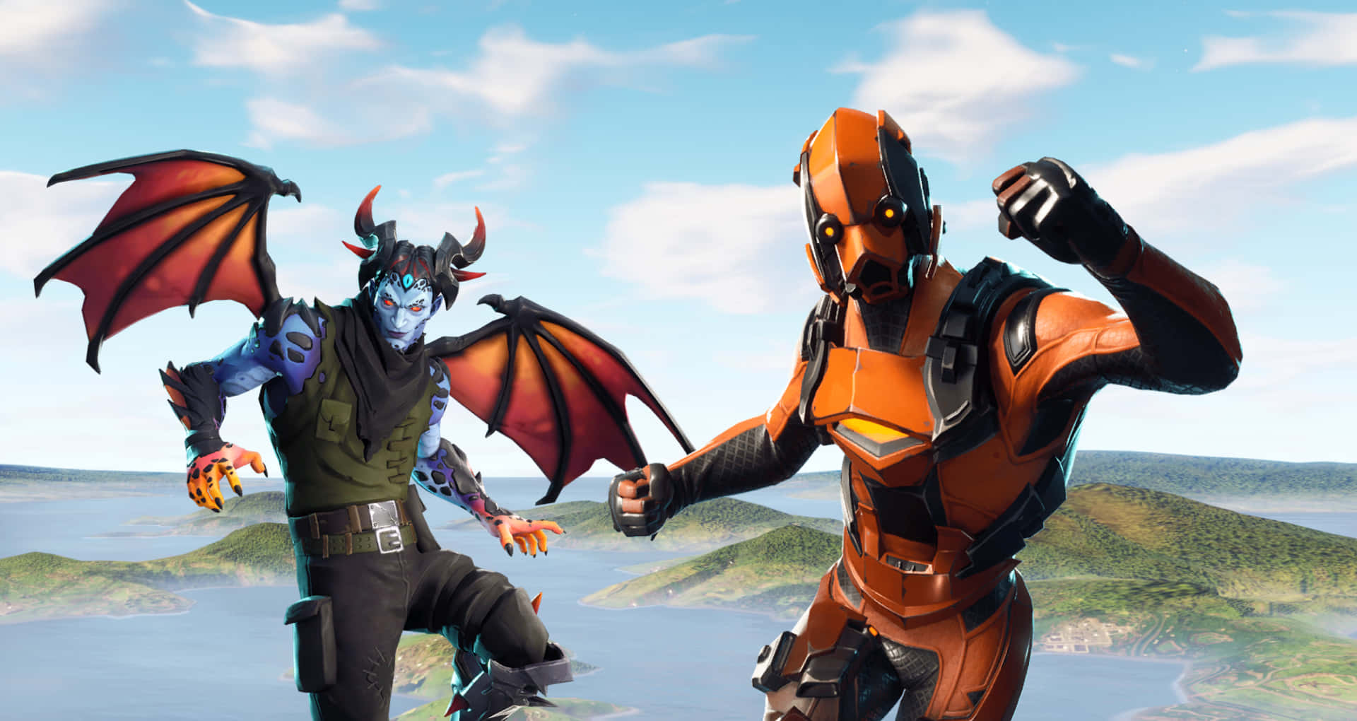 兩個Fortnite角色在浮島上方動態擺姿勢，下方是海洋和山丘。