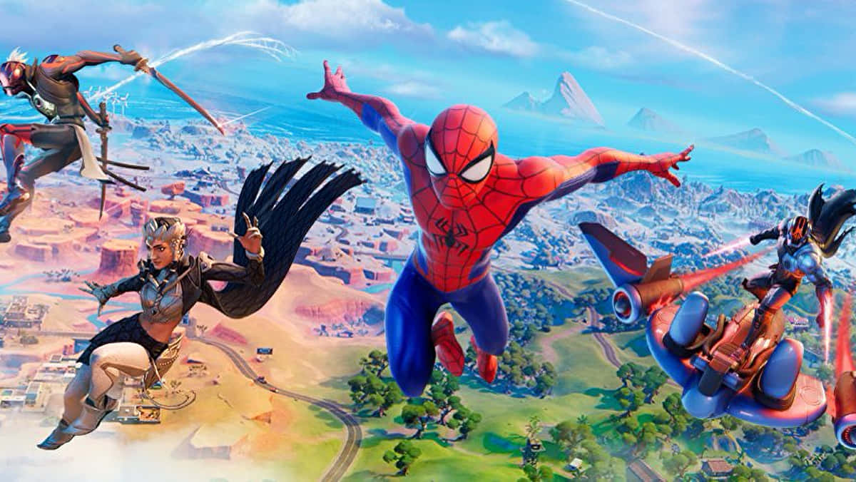 享受《Fortnite 第三章》的刺激挑戰 壁紙 — 蜘蛛俠與另外三位英雄在明亮的藍天下，動感地翱翔於色彩繽紛的沙漠景觀之上，遠方有山脈。