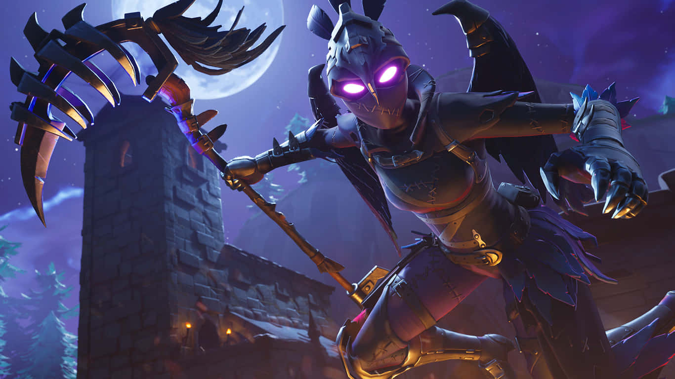 高解析度《Fortnite》壁紙，助你贏得競爭優勢 壁紙 — 一個威脅性的裝甲戰士，擁有發光的紫色眼睛，在月光下的城堡背景下揮舞著帶刺的鐮刀。