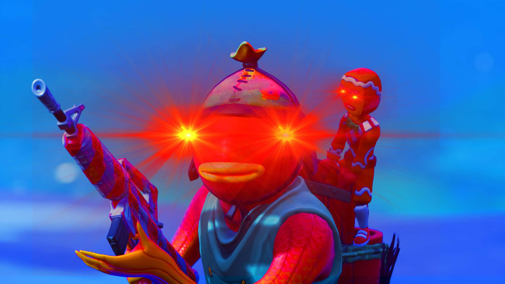 《Fortnite》中的派對動物——魚棒 壁紙 — 一隻紅色卡通鴨子，眼睛發光，在鮮豔的藍色背景上揮舞著未來風格的槍。