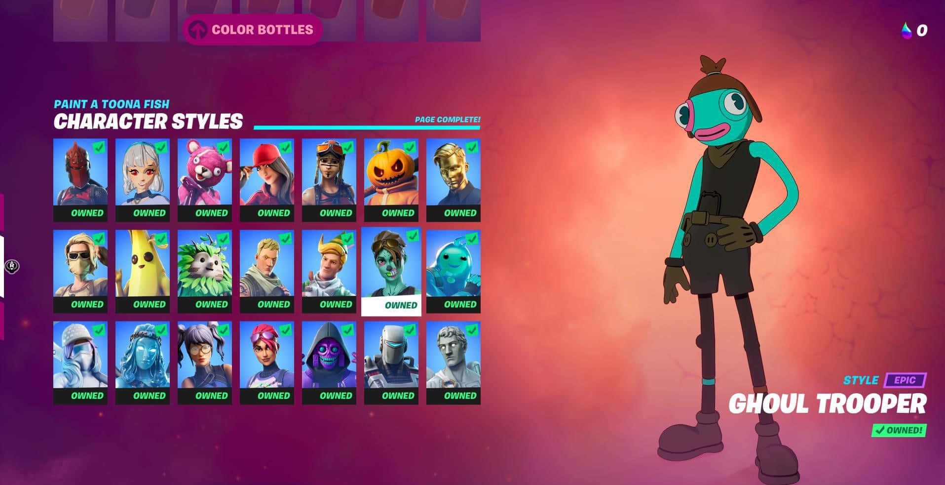 穿上《Fortnite》魚竿造型，玩出最佳表現 壁紙 — 一個充滿活力的Fortnite角色自訂畫面，展示Ghoul Trooper造型，背景為粉紅和紫色漸變。