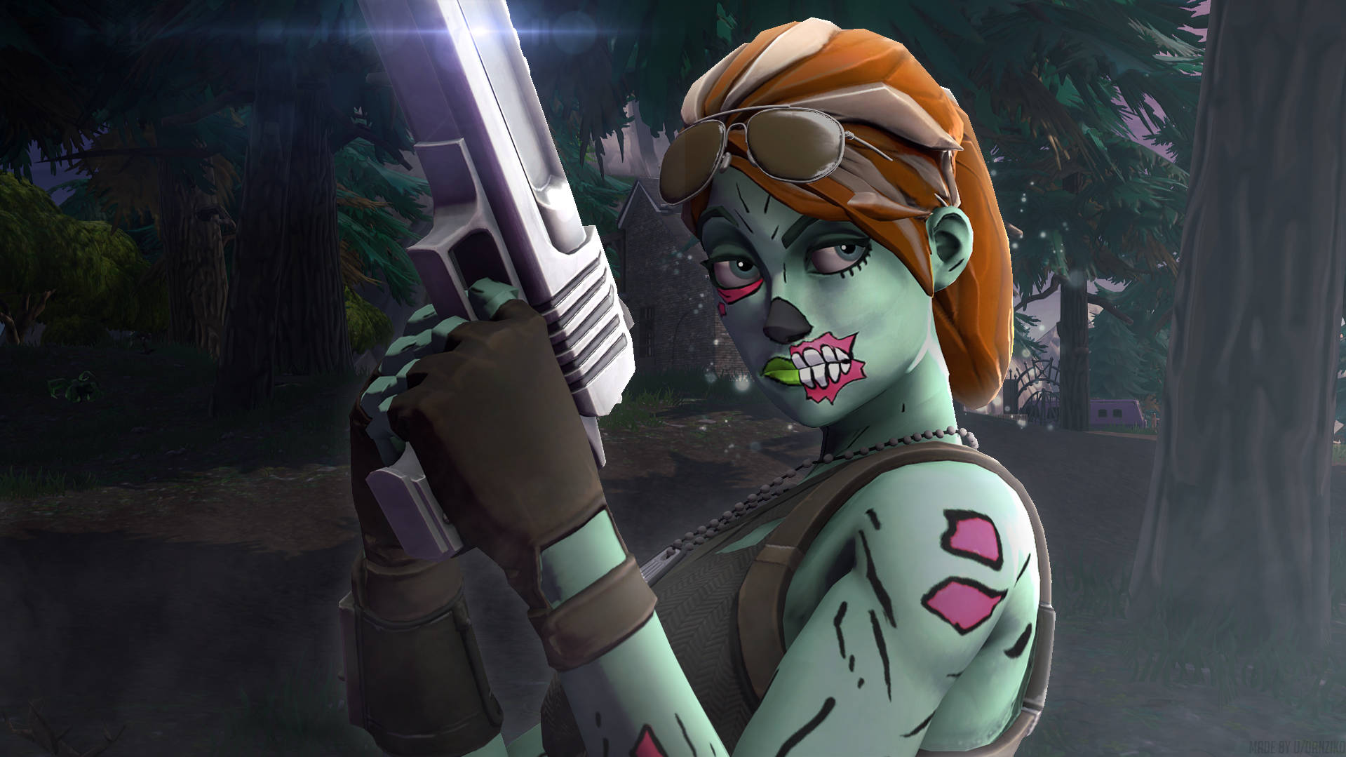 Fortnite 畫面縮圖：鬼魂士兵拉米雷斯持槍 壁紙 — 一個綠色皮膚的殭屍女人，擁有橙色頭髮和太陽眼鏡，在黃昏的黑暗森林中手持發光手槍。
