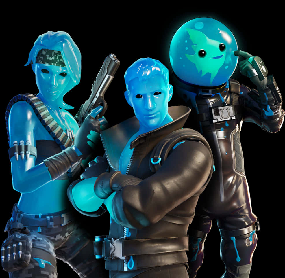 《Fortnite》藍隊角色 壁紙 — 三個發光的藍色 Fortnite 角色在黑色背景前自信地擺出持武器的姿勢。