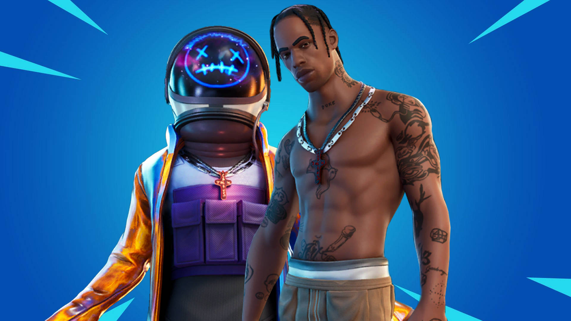 《Fortnite》特拉維斯·斯科特：阿斯特羅傑克頭盔 壁紙 — 一個紋身男子站在一個發光頭盔角色旁邊，背景是鮮豔的藍色和尖銳的光線。