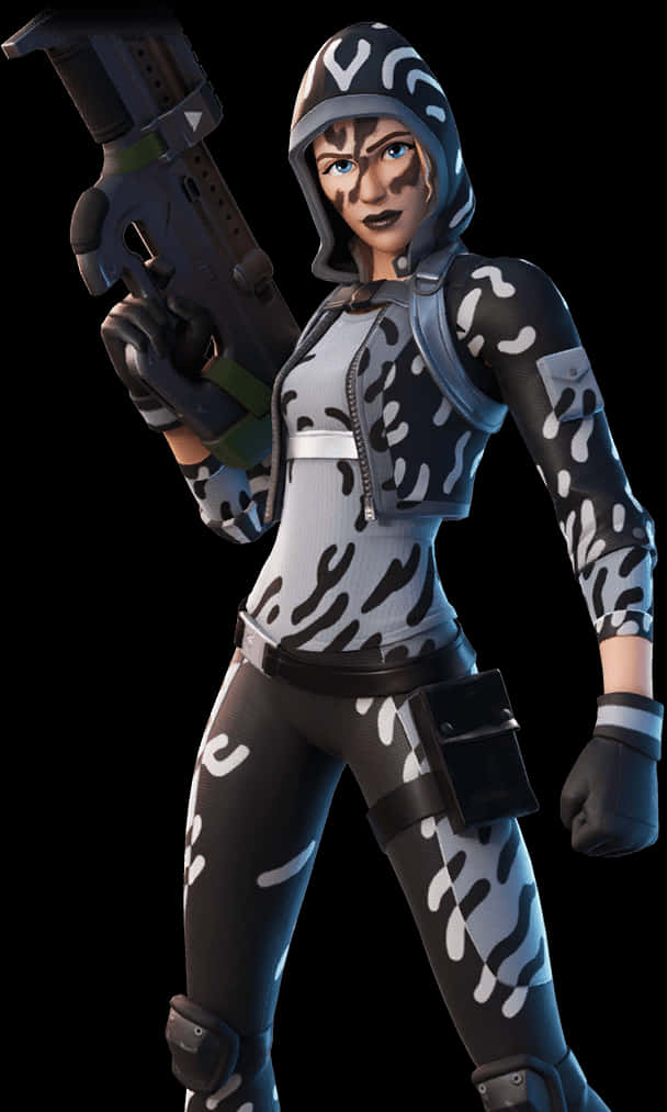 《Fortnite》女角色迷彩服持手槍 壁紙 — 一個身穿黑白迷彩裝備的女性電子遊戲角色，在黑色背景前手持一把大型未來武器。