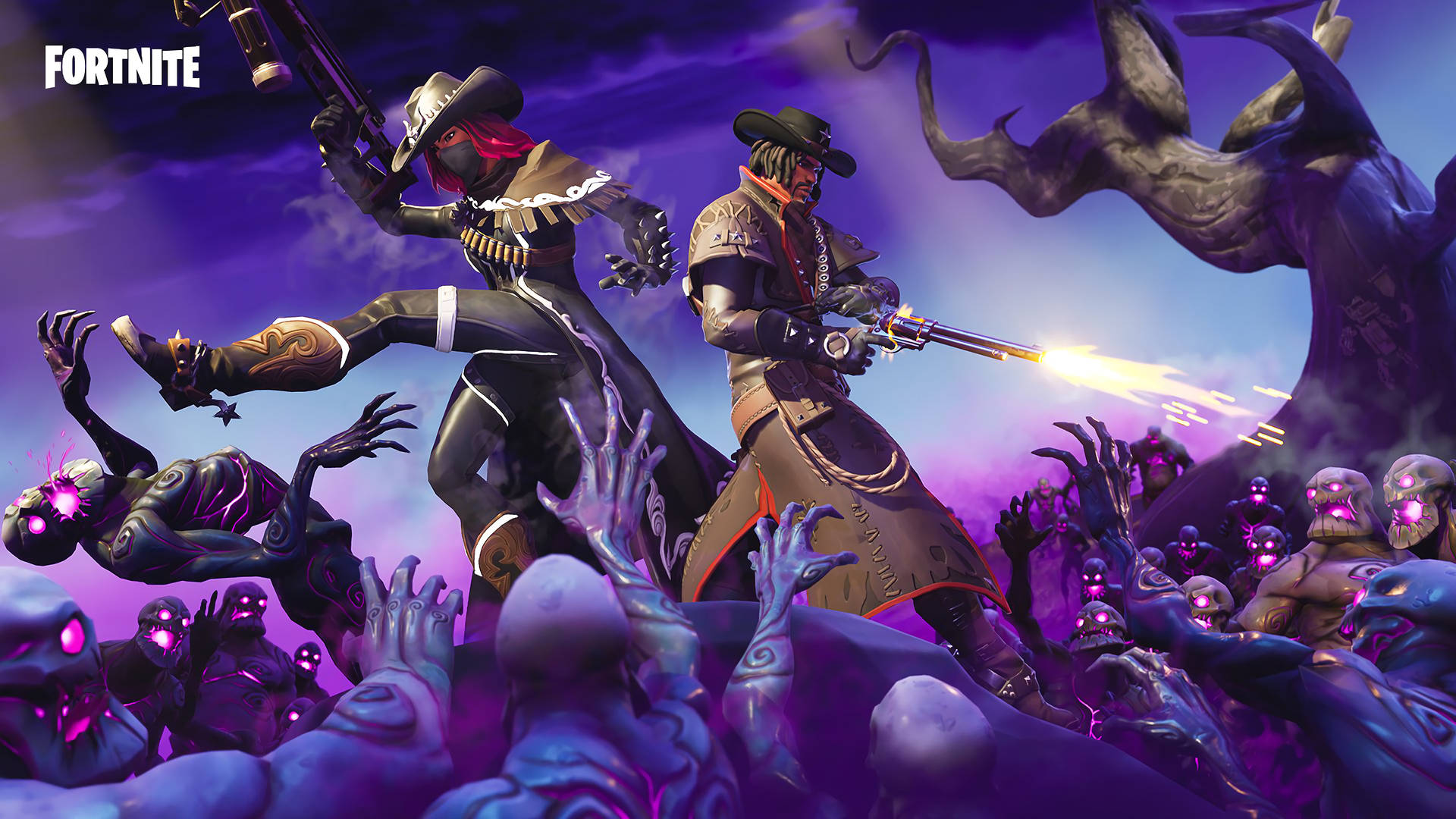 兩個 Fortnite 牛仔在暴風雨場景中與發光的紫色殭屍戰鬥。
