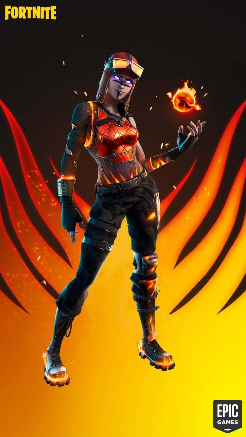 Fortnite 角色，擁有火焰翅膀和發光盔甲，漂浮在充滿活力的橙色和黑色背景中。