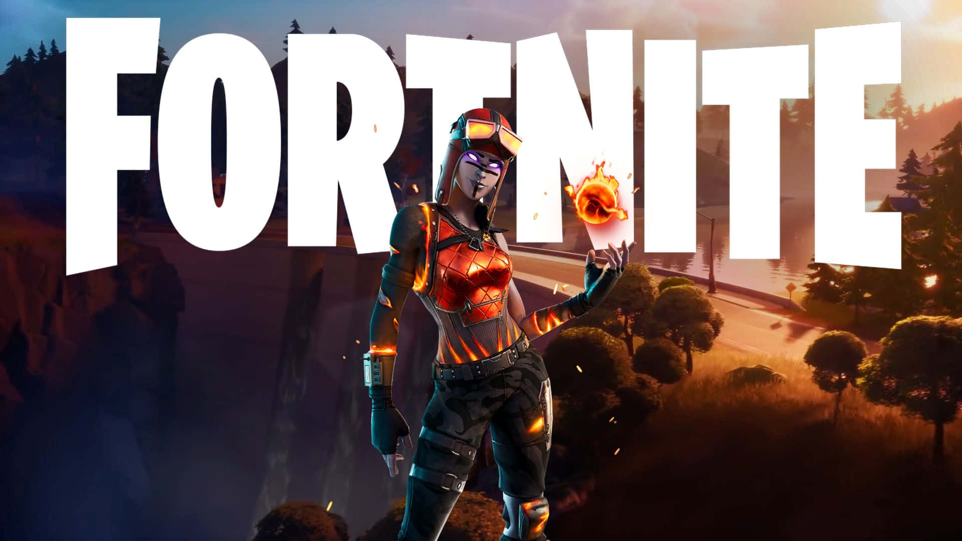 穿著火焰盔甲的Fortnite角色，在夕陽風景中手持火焰。