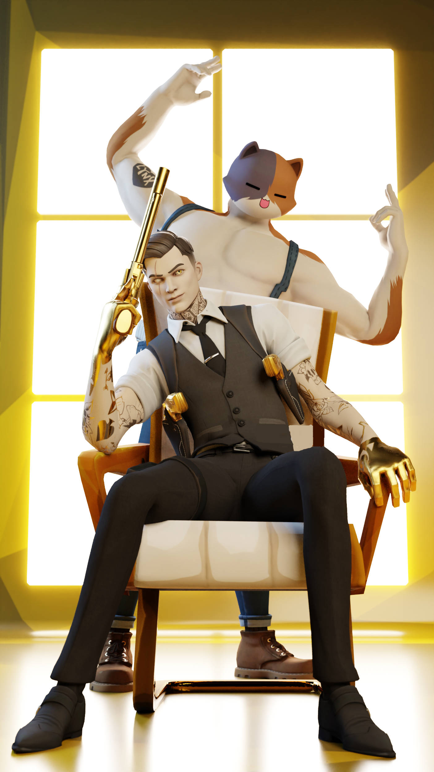 《Fortnite》中的Midas與Meowscles 壁紙 — 一個穿著西裝的風格化男人自信地坐在椅子上，手持金色左輪手槍，而一個貓型人形站在他身後，房間燈光溫暖。