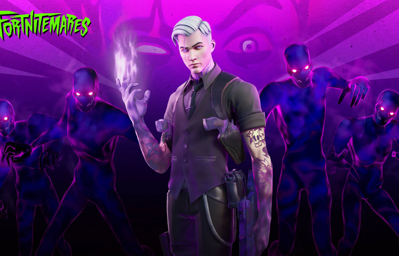 帶有發光眼睛和紋身的Fortnite角色被陰影人物包圍。