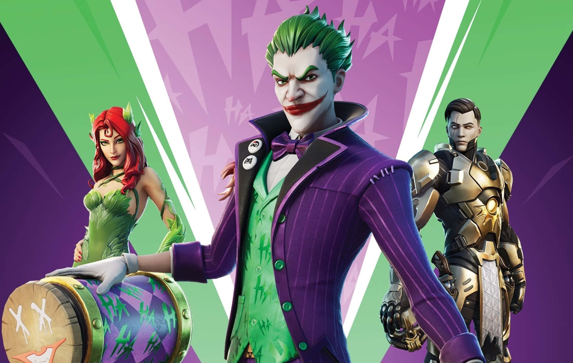 三個Fortnite遊戲角色穿著色彩繽紛的服裝，在幾何背景前。