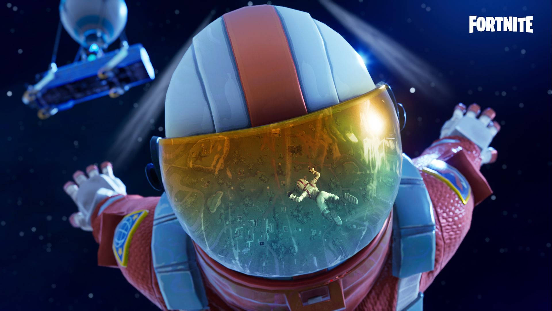 《Fortnite》任務專家縮圖壁紙 壁紙 — 一名身穿紅白太空衣的Fortnite太空人，在星空背景下張開雙臂漂浮在太空中。