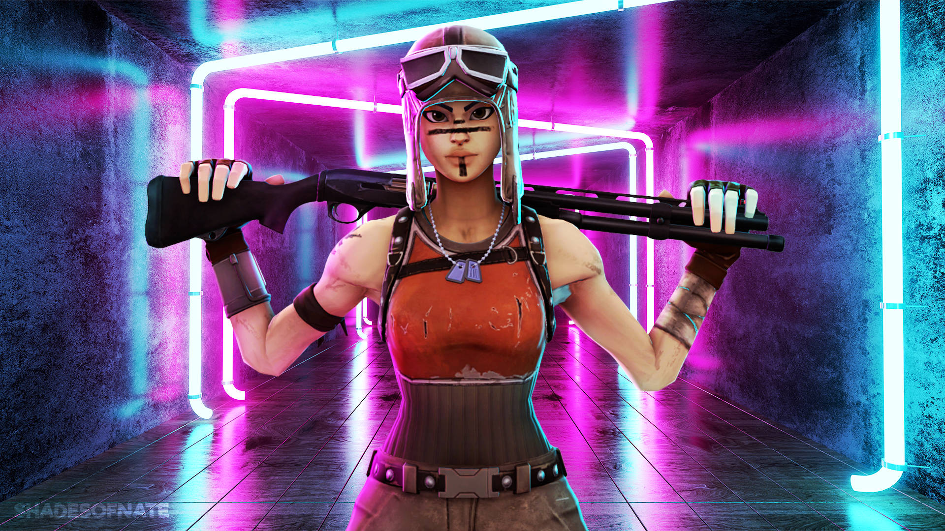 《Fortnite》叛逆掠奪者彩色藝術 壁紙 — 一名戴著護目鏡、手持霰彈槍的賽博龐克戰士站在霓虹燈隧道中，散發著粉紅色和藍色的光芒。