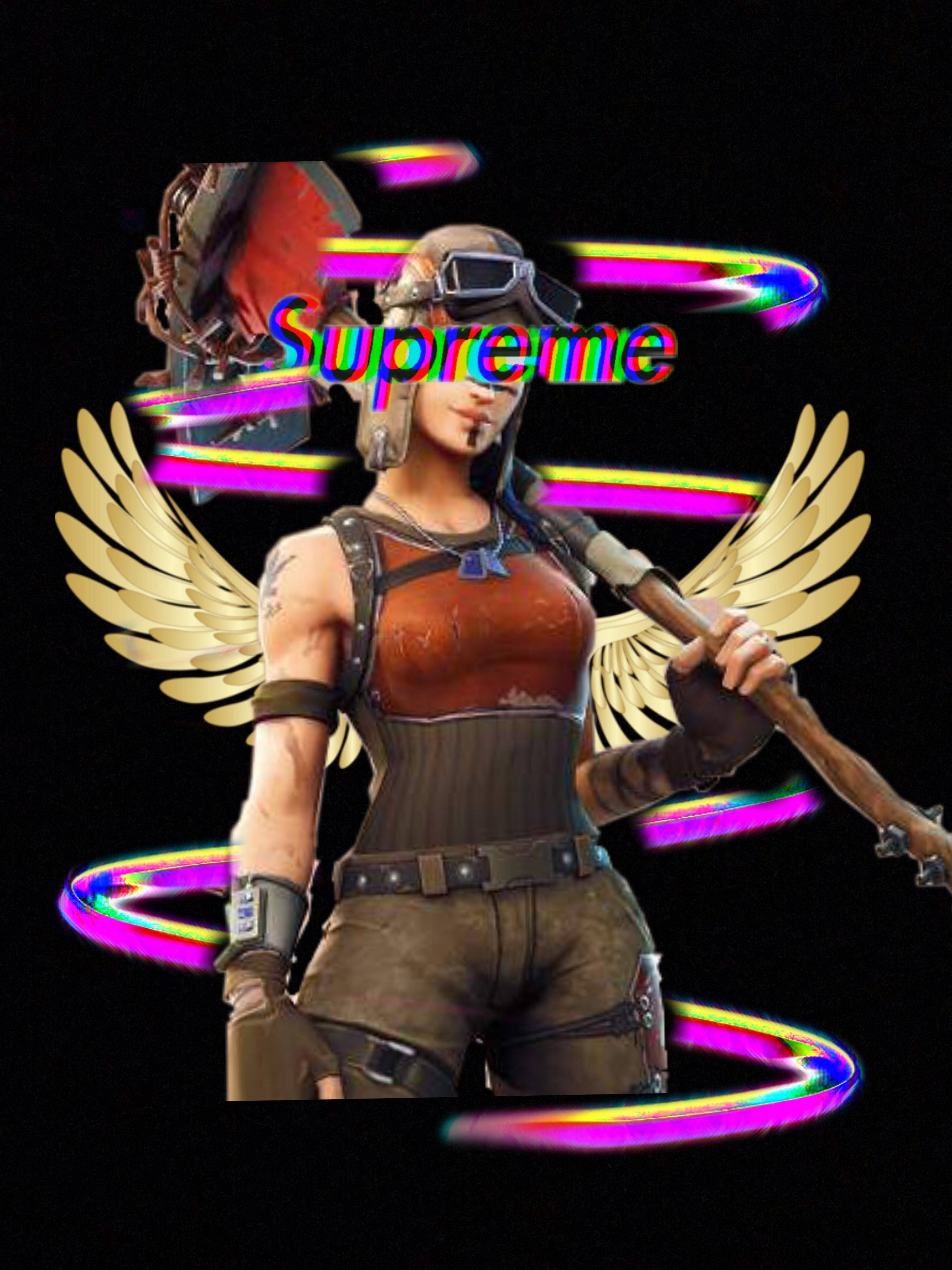 《Fortnite》叛逆掠奪者極致粉絲藝術 壁紙 — 一個風格化的戰士，擁有金色翅膀和護目鏡，在黑色背景上揮舞著發光的斧頭，周圍環繞著霓虹漩渦。