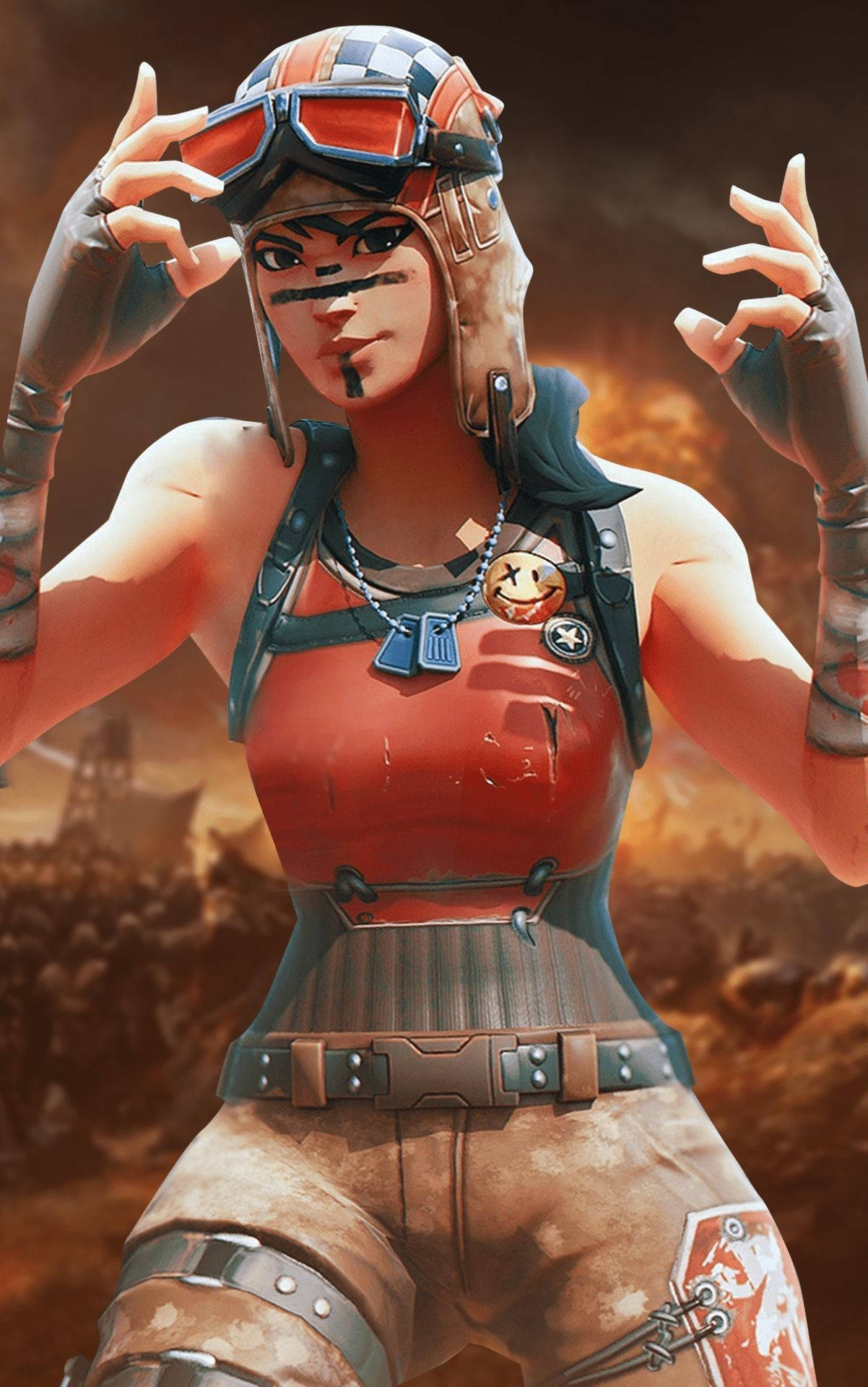 《Fortnite》叛逆掠奪者沙拉姆英雄 壁紙 — 一位身穿紅棕色飛行裝備的兇猛女飛行員，在熾熱的戰場背景下調整護目鏡。