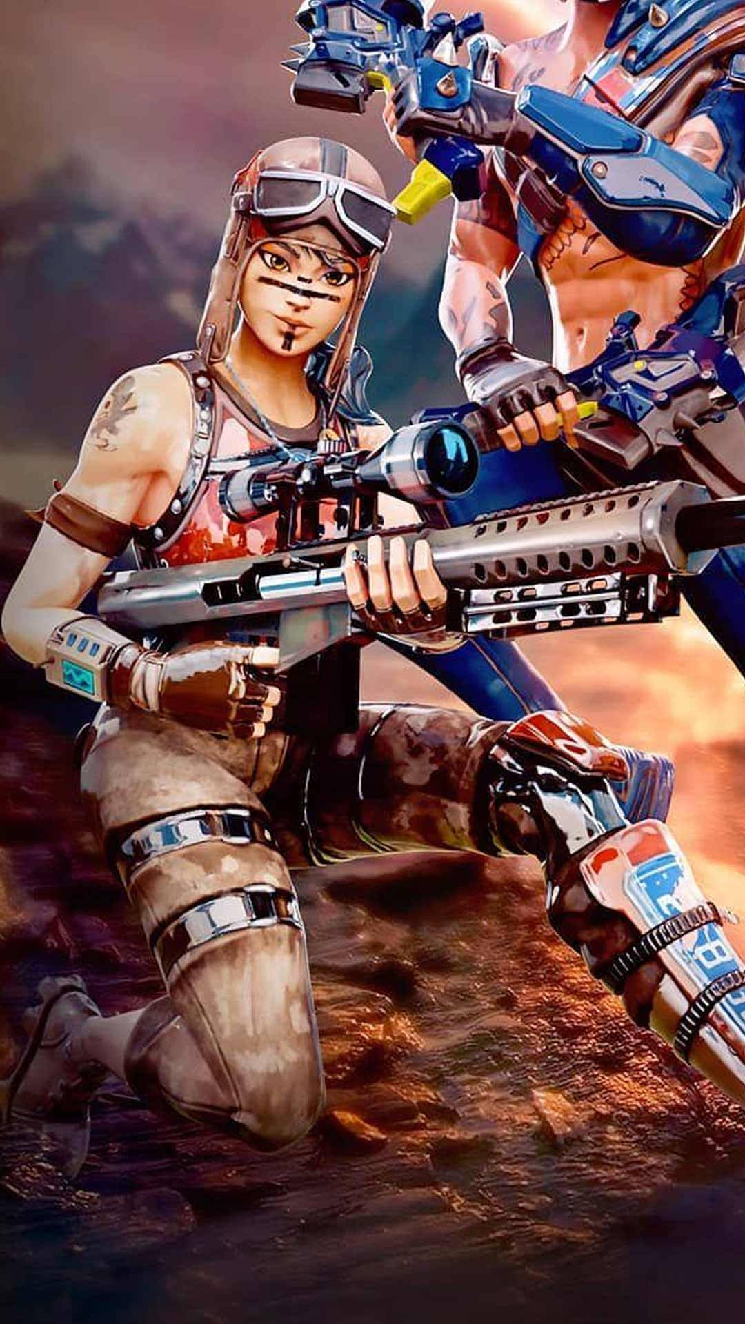 《Fortnite》叛逆掠奪者狙擊手 壁紙 — 兩名身穿未來戰鬥裝備的裝甲戰士在岩石地形上跪著，手持先進武器，天空如火般燃燒。