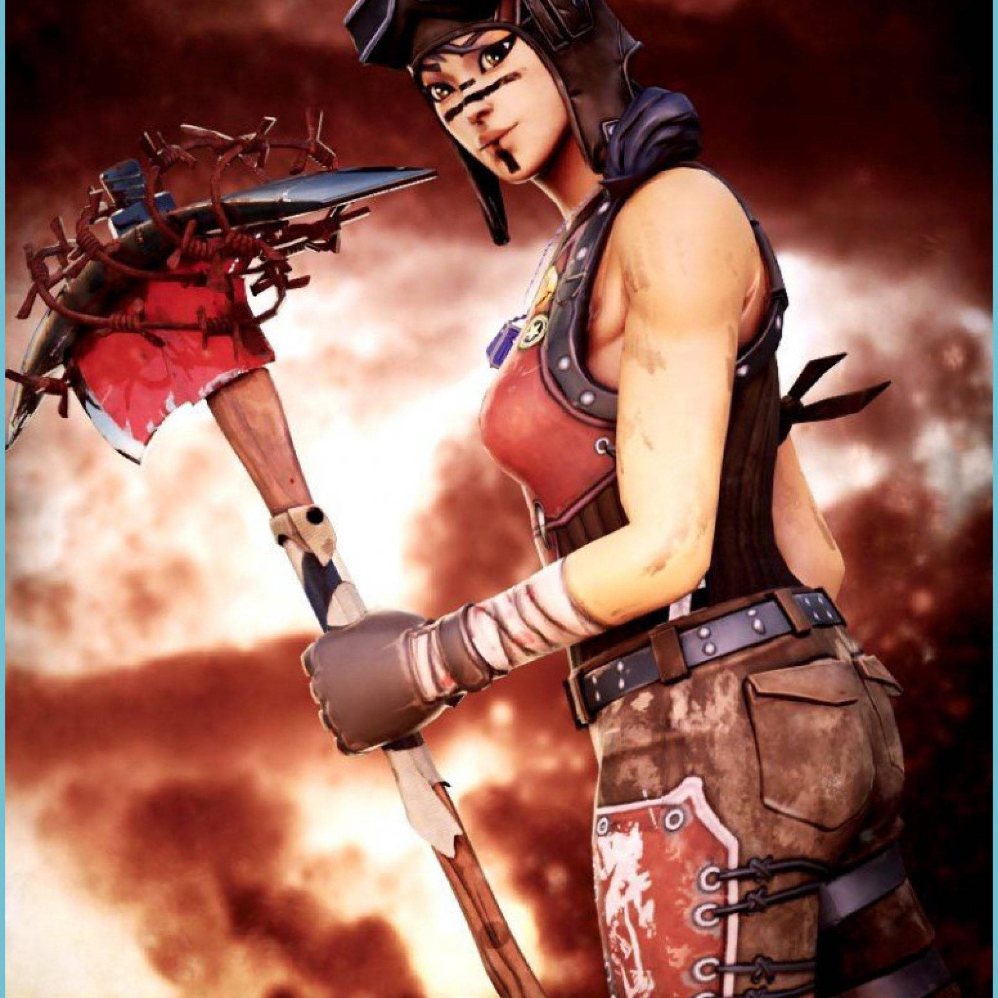 《Fortnite》叛逆掠奪者粉絲編輯版 壁紙 — 一位帶有部落標記的兇猛女戰士，揮舞著帶刺的斧頭，背景是火紅的橙色天空。