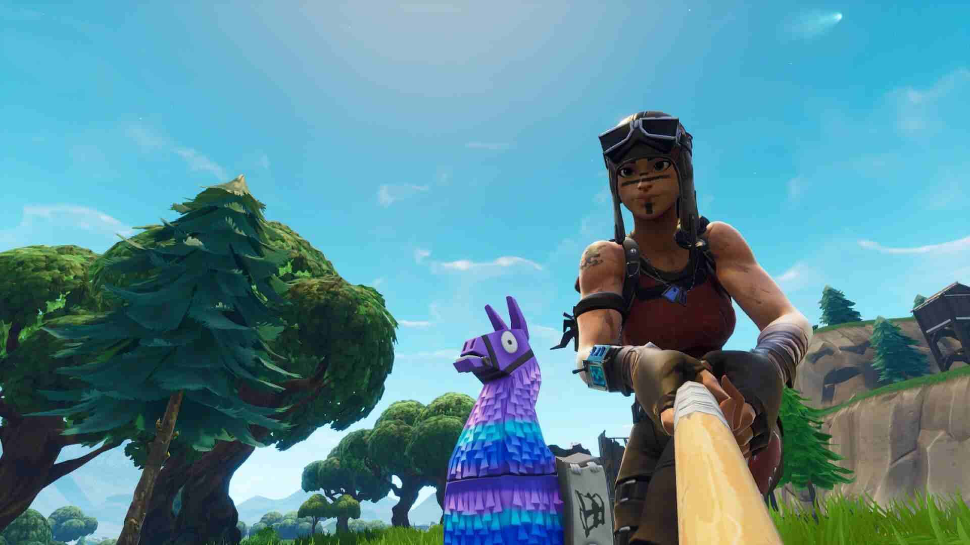 《Fortnite》叛逆掠奪者自拍 壁紙 — 一個《要塞英雄》角色穿著飛行員裝備，在晴朗藍天下明亮的草地上，手持棒球棍站在色彩繽紛的皮納塔旁邊。