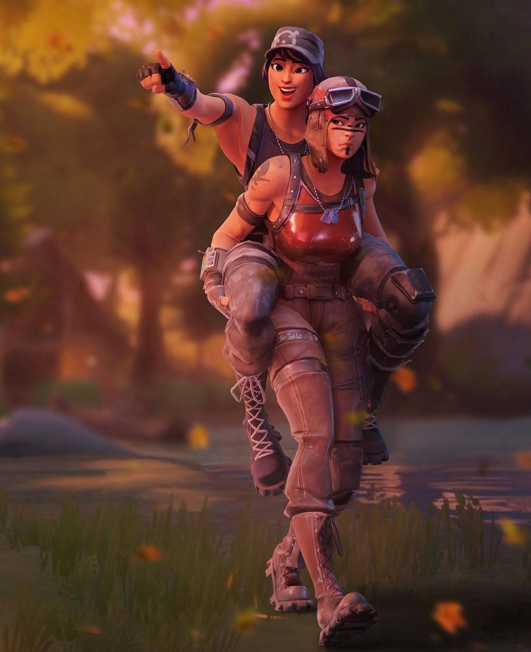 《Fortnite》叛逆掠奪者英雄 壁紙 — 兩個Fortnite角色在陽光明媚的秋日森林中愉快地一起騎行，落葉紛飛。