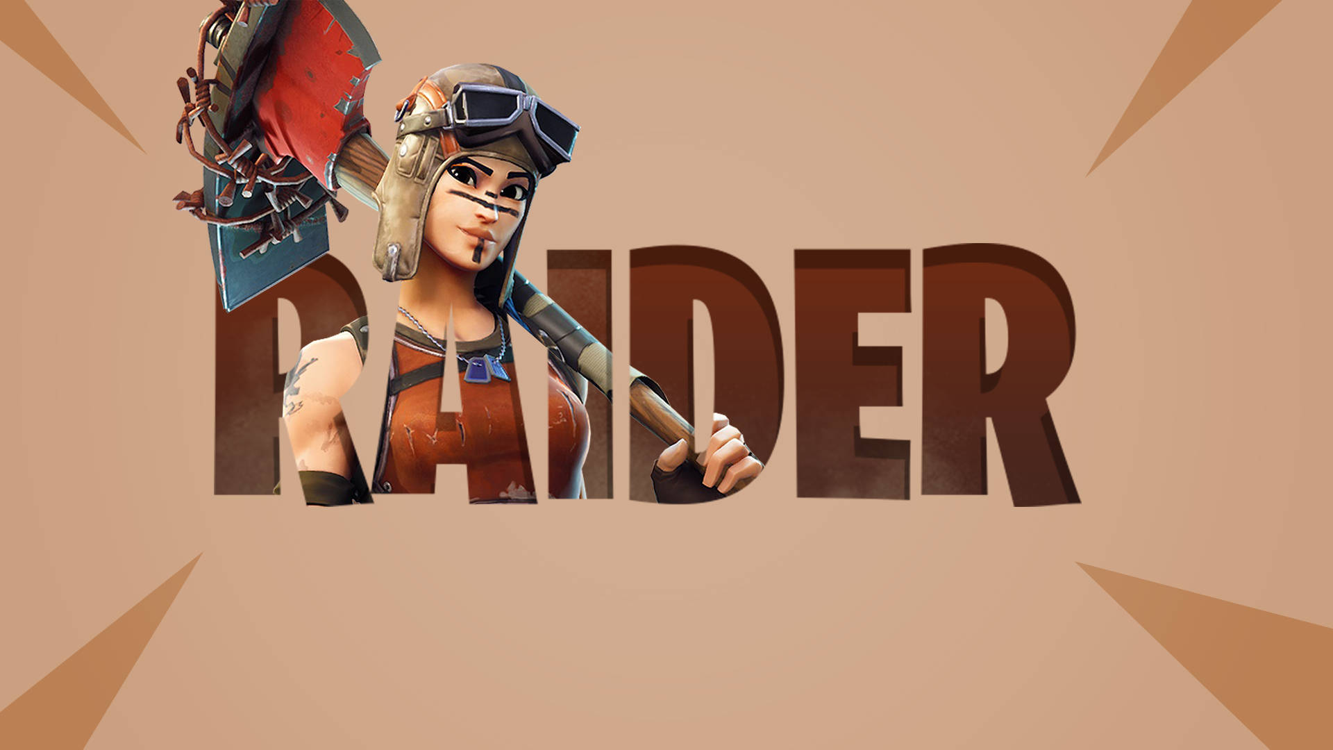 《Fortnite》叛逆掠奪者藝術海報 壁紙 — 一個戴護目鏡和盔甲的兇猛女掠奪者，在粗體棕色字體後面揮舞著一把巨大的斧頭。