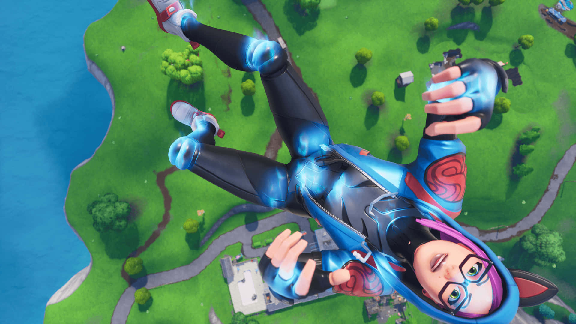 Fortnite角色在綠色島嶼上空跳傘，下方是藍色海洋