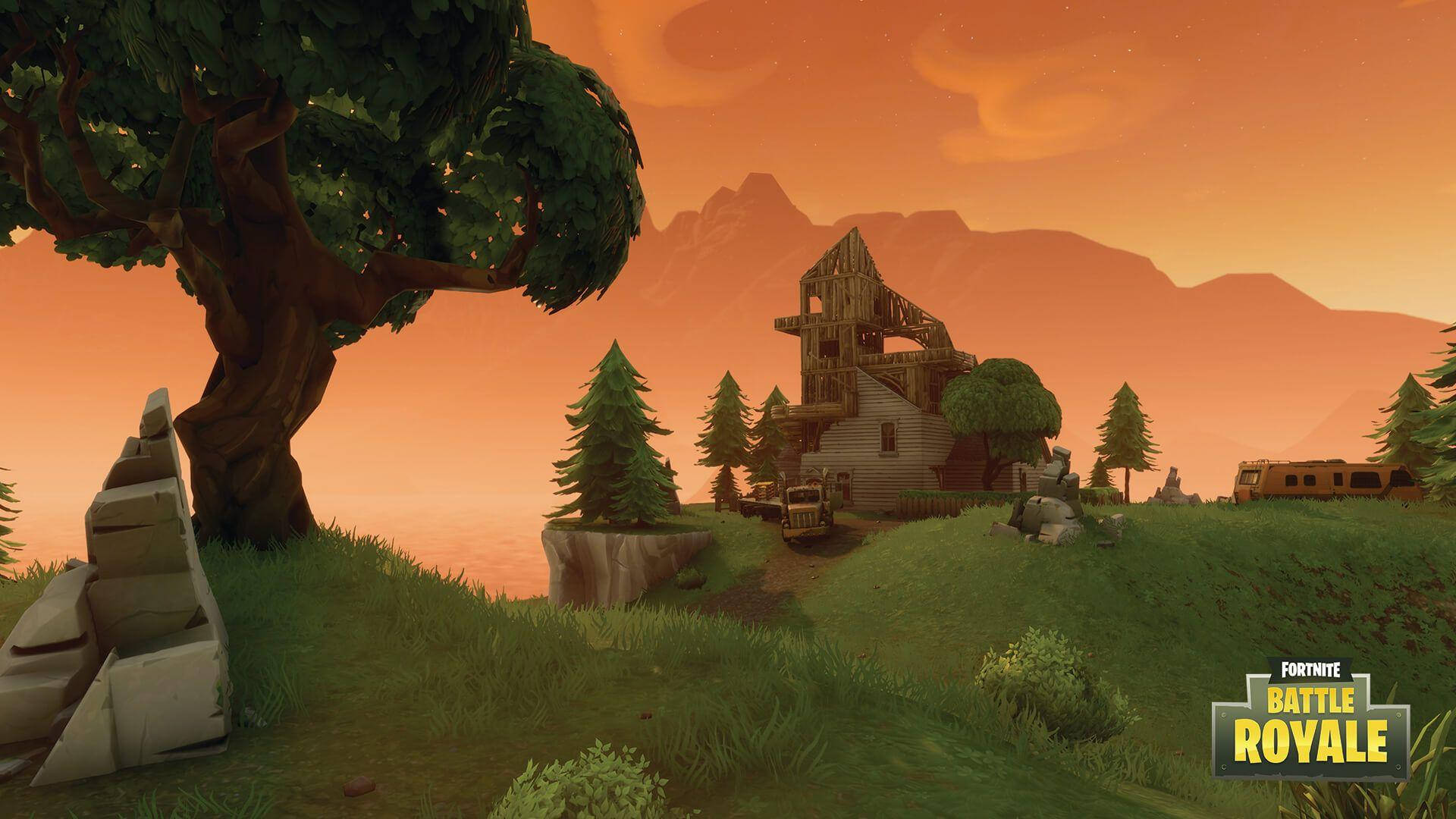 Fortnite 遊戲場景，日落時分草地上的一座木屋。