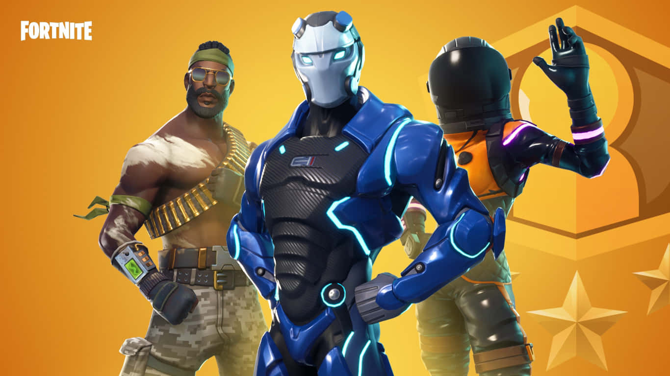 三個身穿未來風格服裝的 Fortnite 遊戲角色，帶著發光點綴擺姿勢。