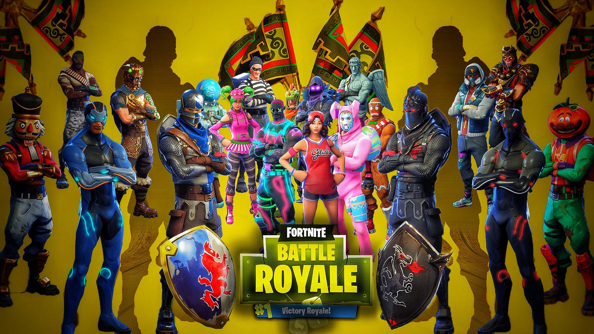 《要塞英雄》大逃殺角色穿著色彩繽紛的服裝，手持盾牌和旗幟擺姿勢。
