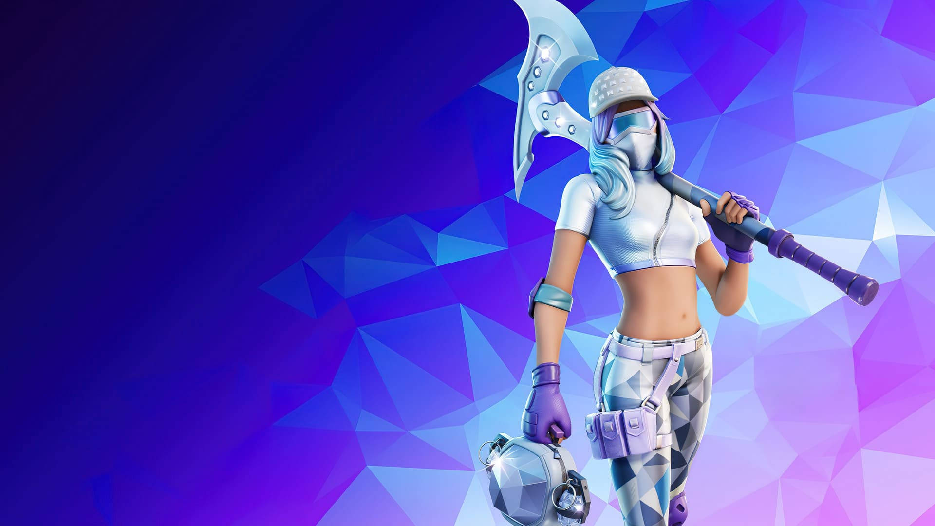 Fortnite 角色手持斧頭和頭盔，背景為幾何紫色藍色
