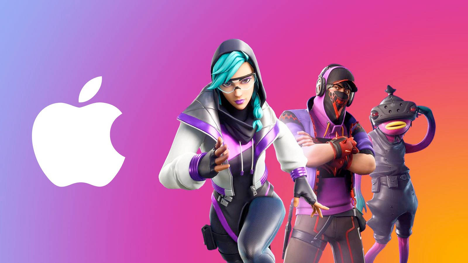 身穿未來裝備的《要塞英雄》角色，背景為帶有 Apple 標誌的漸變背景