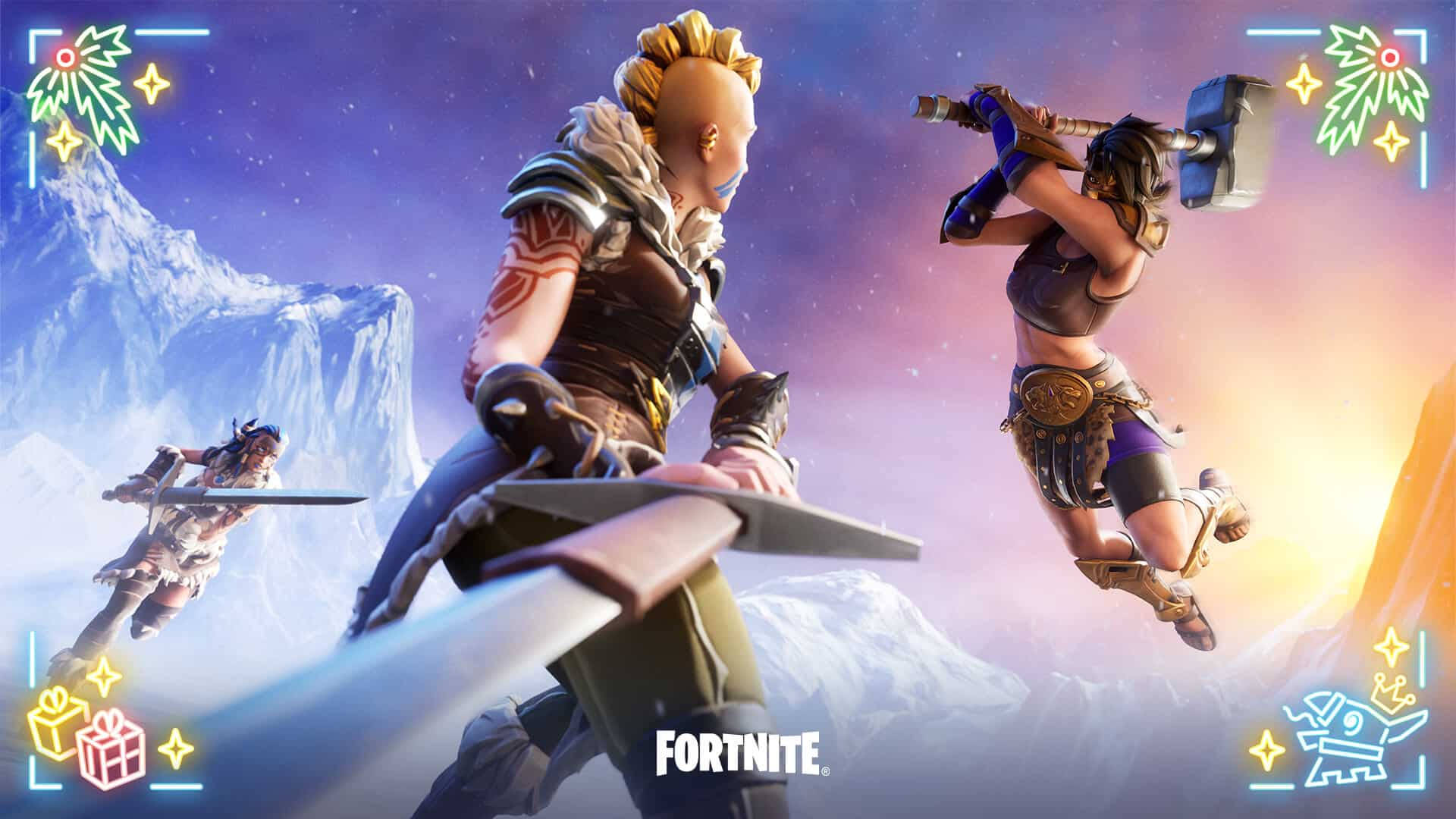 Fortnite 角色在雪山上進行節日戰鬥，配有節日圖標。